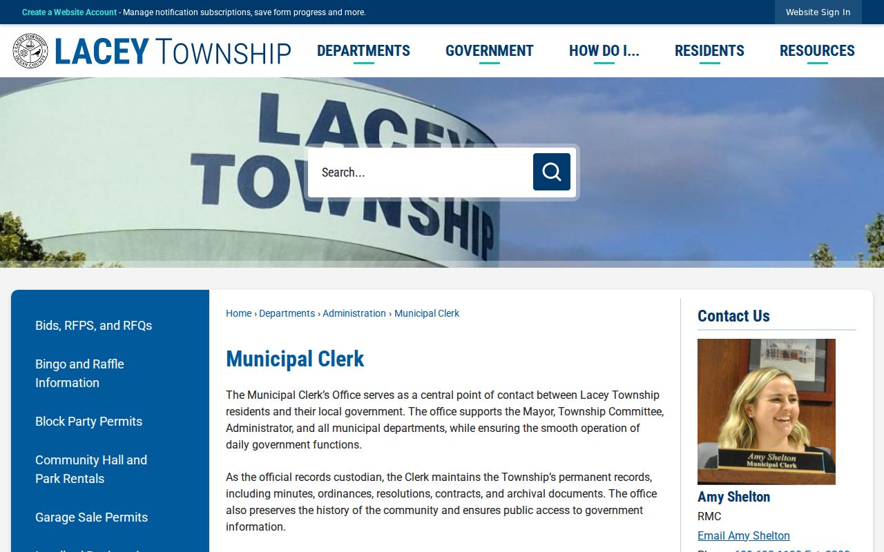 Lacey Township residents directory Municipal Clerk records page