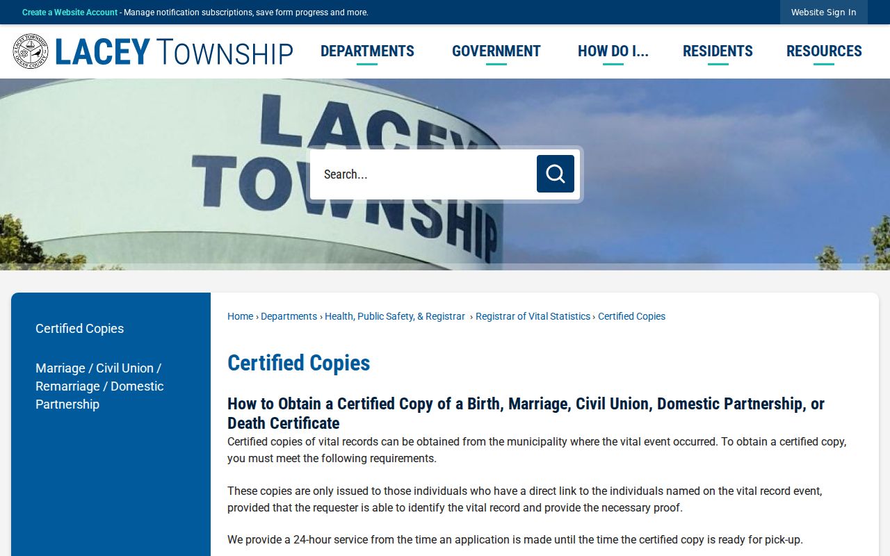 Lacey Township resident lookup vital-record copy instructions
